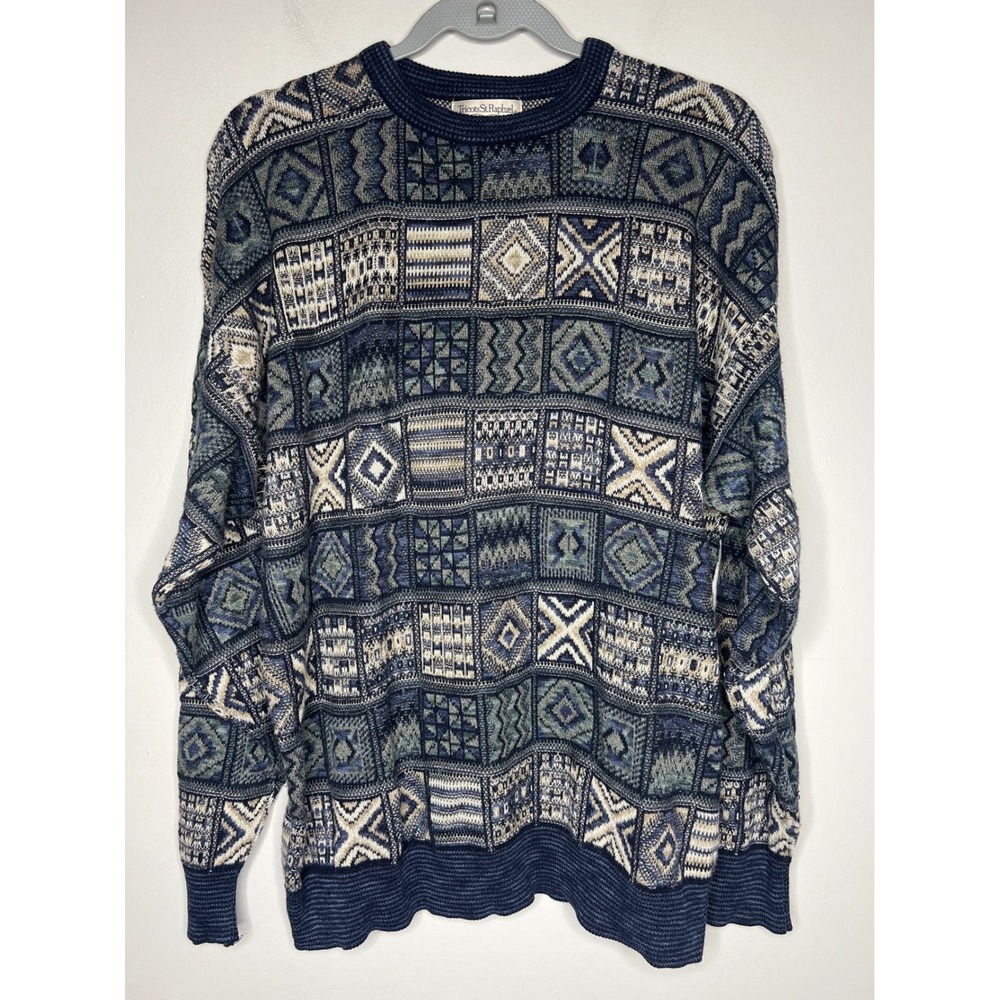 Vintage 90s Tricots St Raphael Geometric Patchwork Textured Knit Sweater Men's L
